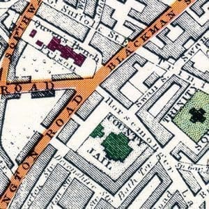 The County Jail (Horsemonger Lane Gaol) seen in a 1843 map of London. Nearby is the Queens Bench Prison (renamed the previous year from Kings Bench).