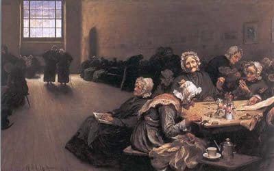 A 1878 painting by Hubert von Herkomer depicting a scene from inside the Westminster Union workhouse.