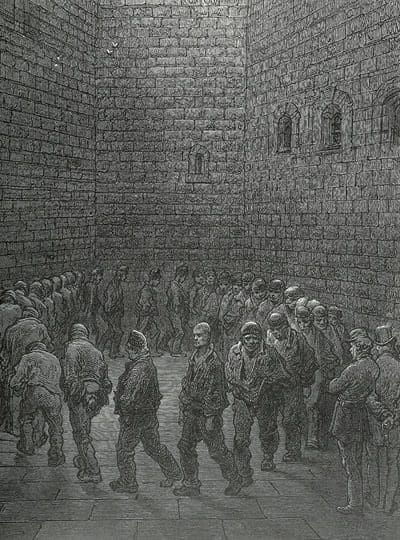 Prisons in Newgate prison exercise yard. Illustration by Gustave Dore from 1872.