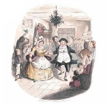 Illustration from the original publication of A Christmas Carol showing a joyous Mr and Mrs Fezziwig dancing away at their Christmas party. The scene is one of a number from the past that
Ebenezer Scrooge is transported to by the Ghost of Christmas Past.
