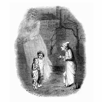 Illustration from the original publication of A Christmas Carol showing Ebenezer Scrooge being taken to see two emaciated children - named as Ignorance and Want - by the Ghost of Christmas Present.