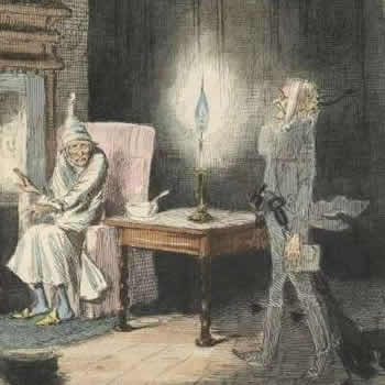 Illustration from the original publication of A Christmas Carol showing Ebenezer Scrooge being visited by the ghost of his former business partner, Jacob Marley.