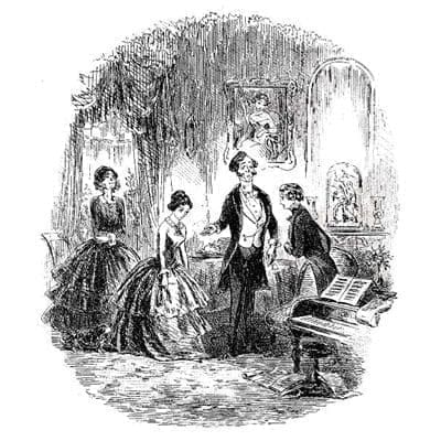 Illustration by Phiz (Hablot K. Browne) from Chapter 26 of David Copperfield (I fall into captivity), showing David being introduced to Dora Spenlow.