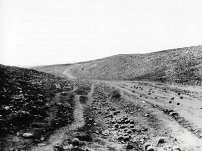 Roger Fenton's image of the Valley of the Shadow of Death where the Charge of the Light Brigade took place in 1855.