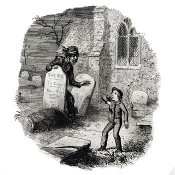 Magwitch suprises Pip in the churchyard.