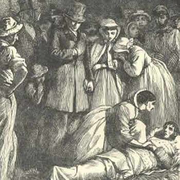 Illustration from a later edition of Hard Times showing Stephen Blackpool being cared for after his fall into a mine-shaft.