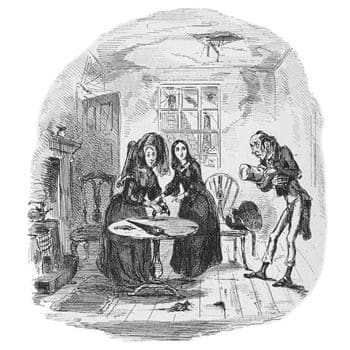 Illustration by 'Phiz' from the original publication of Nicholas Nickleby showing Newman Noggs with Kate Nickleby and her mother.