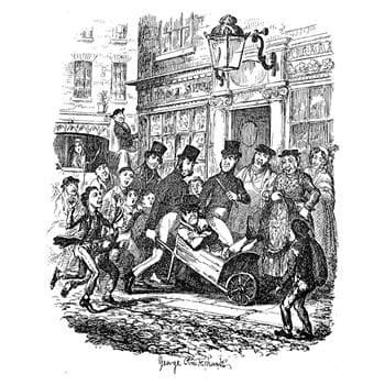 Sketch produced by George Cruickshank for The Hospital Patient, showing the scene of a pickpocket being carted off to the Police Station.