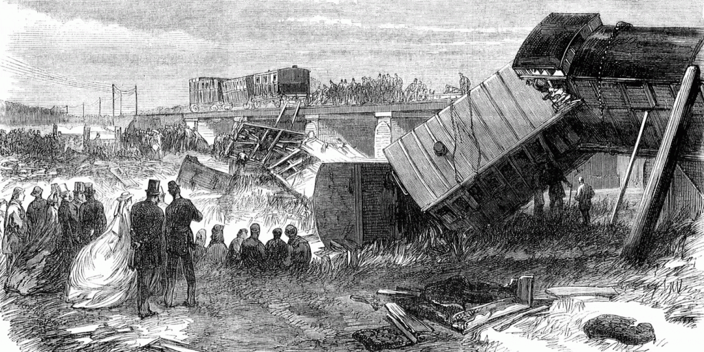 Engraving published in the Illustrated London News of the scene of the aftermath of the Staplehurst rail crash. Charles Dickens and his travelling companions were in one of the carriages that remained upright after a number in front had plunged off the viaduct into the river bed.