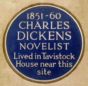 A plaque marks the former site of Tavistock House.
